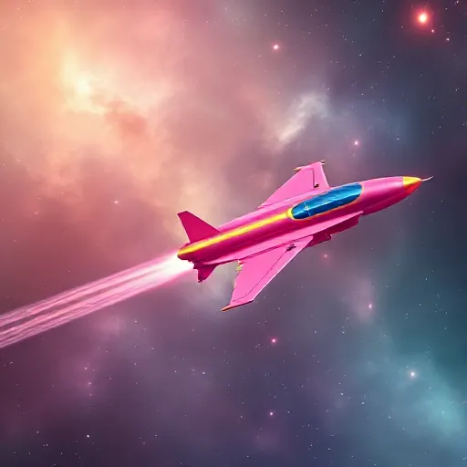 super fast pink and gold jet is flying against a beautiful nebula, trail behind it